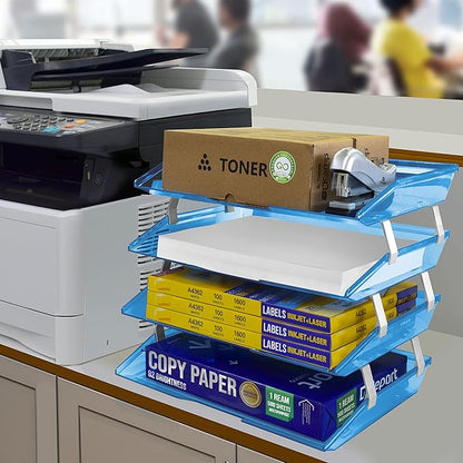 Acrimet 4 Tier Side Load Letter Tray Facility, Desktop File Organizer, A4 Letter Size Paper Organizer, Minimalist Storage Solution Paper Tray for Office, Home, Classroom (Plastic, Clear Blue Color)