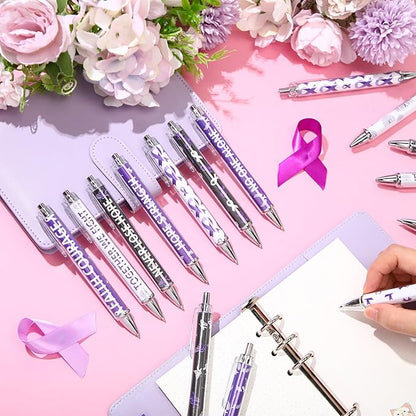 48 Pcs Purple Ribbon Awareness Pens Cancer Awareness Ballpoint Pens Bulk Faith Courage Hope Strength Health Awareness Favor Gifts for Animal Abuse, Alzheimer's, Lupus and Pancreatic Cancer