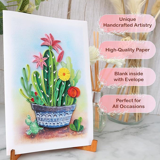 KingKraft Cactus Quilling Card, Handcrafted Greeting Card for All Occasions, Birthday, Thinking of You, Get Well, Anniversary Card for Wife, Valentines Day, Mothers Day Card, Blank Inside