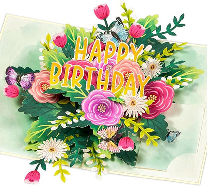 Happy Birthday Pop Up Card, Flowers and Butterflies, Floral 3D Greeting Card, Gift for Mom, Sister, Women, Grandma, Stepmother, Aunt, Daughter, 5x7 - Includes Envelope And Message Note