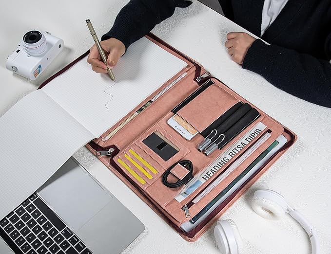 Calfinder Leather Padfolio for Women, Professional Vegan Leather Resume Zippered Portfolio Folder, Business Portfolio Organizer with A4/US Letter Writing Pad Holder, Gift for Women/Girls, Pink