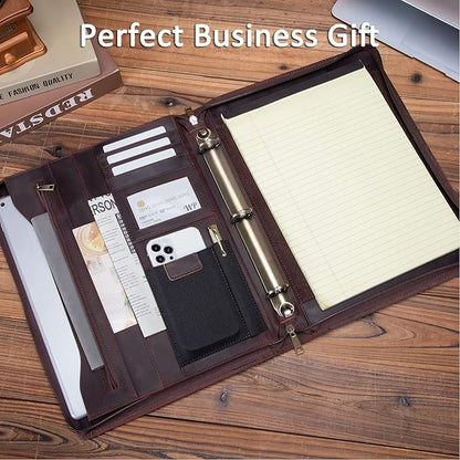 Personalized Genuine Leather Portfolio with 3 Ring Binder, Full Grain Leather Padfolio Zippered, A4 Notebook Holder Customized Professional Folder Organizer Gift for Men and Women, Dark Brown