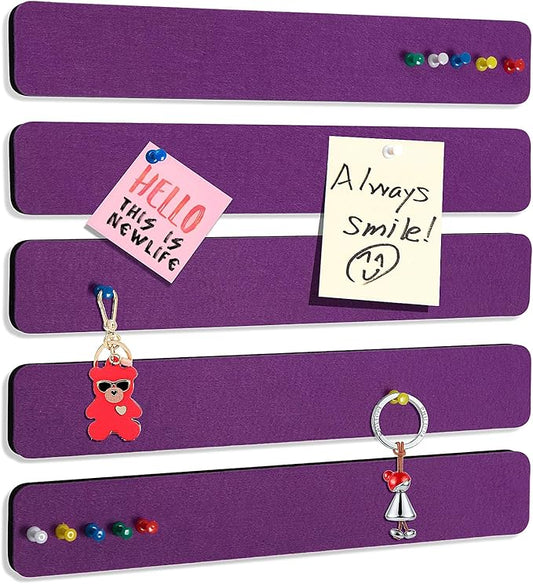 Felt Pin Board Bar Strips Bulletin Board for Bedrooms Offices Home Wall Decoration, Notice Board Self Adhesive Cork Board with 35 Push Pins for Paste Notes, Photos, Schedules (Purple)