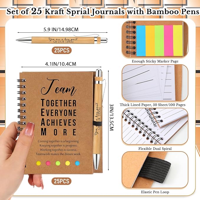 Jetec 25 Sets Bulk Employee Appreciation Gifts Bulk Inspirational Spiral Notebook with Note Ballpoint Pen Thank You Gifts for Volunteer Social Worker Nurse Staff Coworker Students (Team)
