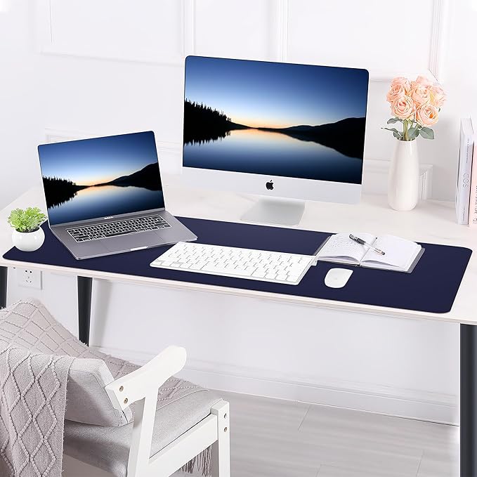 Leather Desk pad Protector, Large Desk mat with Natural Cork & PU Leather,Mouse pad,Non-Slip Office Desk Mat,Waterproof Desk Writing Pad for Office and Home (47in*17in, Blue)