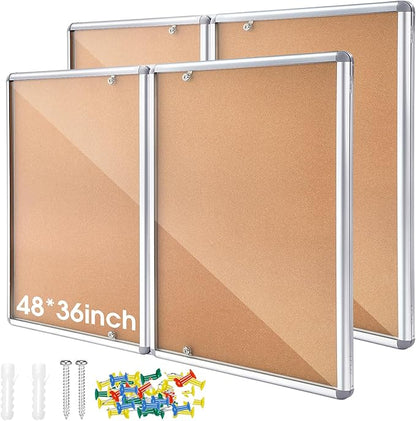 2 Pack Enclosed Bulletin Board 48" x 36" Weather Resistant Lockable Enclosed Cork Case Display Noticeboard Wall Mounted 2 Locking Door Aluminum Frame for School Classroom Office, 12xa4, Brown