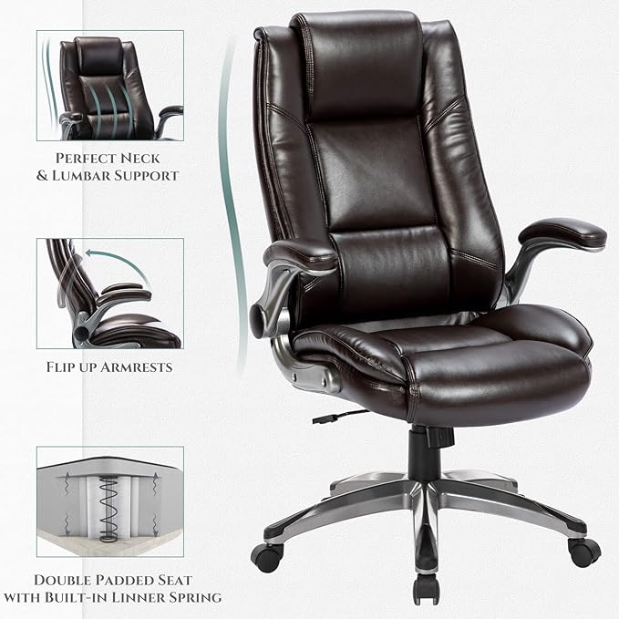COLAMY Leather Executive Office Chair - High Back Home Computer Desk Chair with Padded Flip-up Arms, Adjustable Tilt Lock, Swivel Rolling Ergonomic Chair for Adult Working Study, Brown