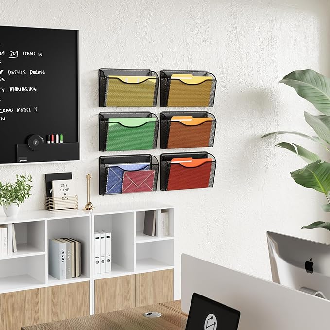 Mesh Hanging Wall File Holders, Vertical Mounted File Holder，Wall Basket Mail Organizer for Office, Home and School (Black 6Pack)