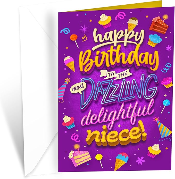 Prime Greetings Niece Happy Birthday Card, Made in America, Eco-Friendly, Thick Card Stock with Premium Envelope 5in x 7.75in, Packaged in Protective Mailer