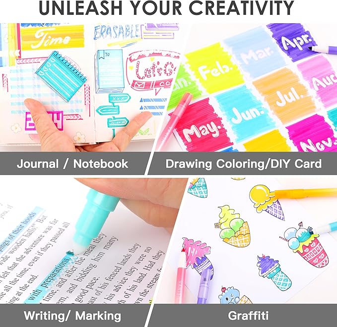 Erasable Highlighters, Dual Tip 10 Colors Erasable Highlighter Pen Assorted Colors, Smooth Writing Book Journaling Highlighters Erasable, No Bleeding Highlighters for Bible Journal Planner