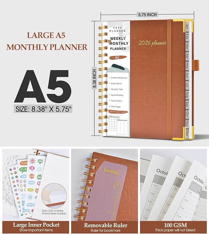 2026 Planner, Weekly and Monthly Calendar Planner from January 2026 - December 2026, 5.75" x 8.38" Hardcover Leather Hourly Appointment Book with Tabs, A5 Spiral Daily Planners for College School Work Home, Brown
