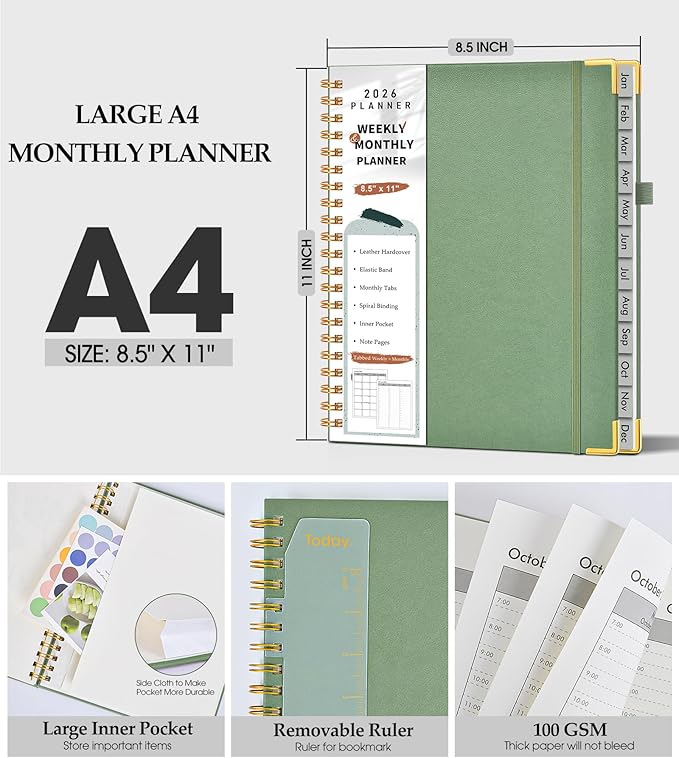 2026 Planner, Weekly and Monthly Calendar Planner from January 2026 - December 2026, 8.5" x 11" Hardcover Leather Hourly Appointment Book with Tabs, Spiral Daily Planners for College School Work Home, Green