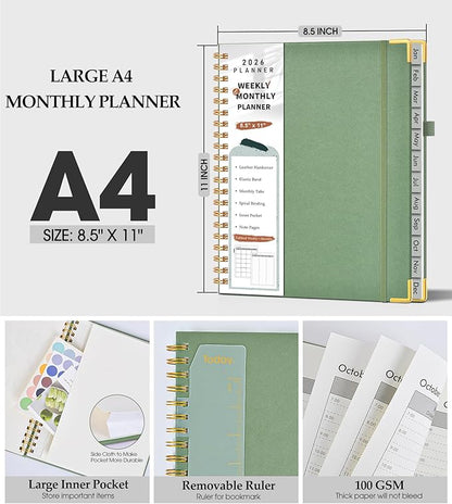 2026 Planner, Weekly and Monthly Calendar Planner from January 2026 - December 2026, 8.5" x 11" Hardcover Leather Hourly Appointment Book with Tabs, Spiral Daily Planners for College School Work Home, Green