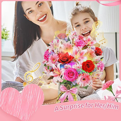 XTF2015 Paper Pop Up Bouquet Birthday Cards, Mother's Day Flower Cards, Anniversary Greeting Cards Flower Bouquet Card with Music and Lights Pink Lily Daisy, Holiday Mother's Day Birthday Decoration Gift Card