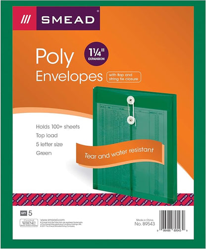 Smead Poly Envelope, 1-1/4" Expansion, String-Tie Closure, Top Load, Letter Size, Green, 5 per Pack (89543)