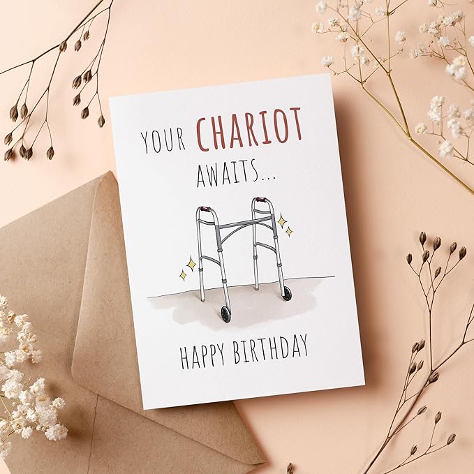 Premium Funny Birthday Card for Dad, Mom, Grandpa, Grandma, Family 40th 50th 60th 70th 80th, Unique Your Chariot Awaits Greeting Birthday Gifts Card, Quality Cardstock With Kraft Envelope & Sticker