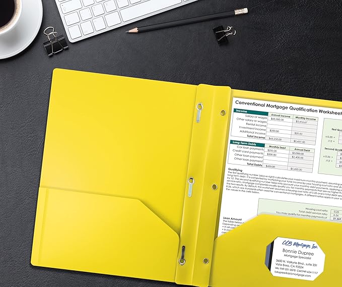 Better Office Products Yellow Plastic 2 Pocket Folders with Prongs, Heavyweight, Letter Size Poly Folders, 24 Pack, with 3 Metal Prongs Fastener Clips, Yellow