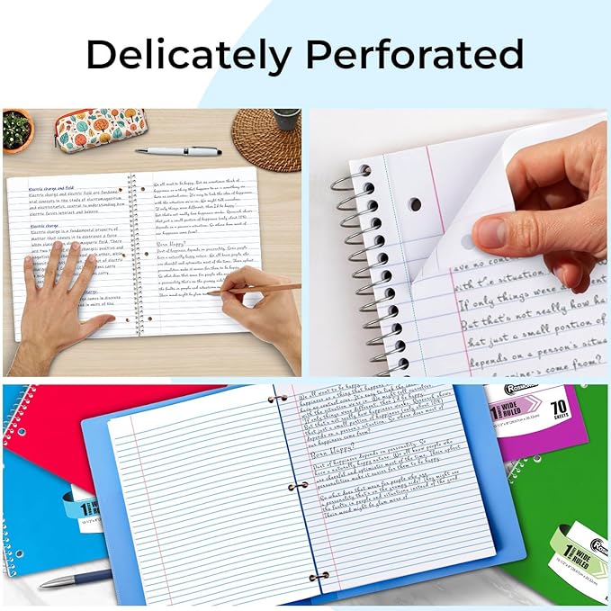 1 Subject Notebook Wide Ruled, 6 Pack, 70 Sheets (140 Pages), 8 x 10-1/2, 3 Hole Punched Notebooks, Thick No-Bleed Paper, Sturdy Back, Wide Ruled Notebook for School & Office, Assorted Colors