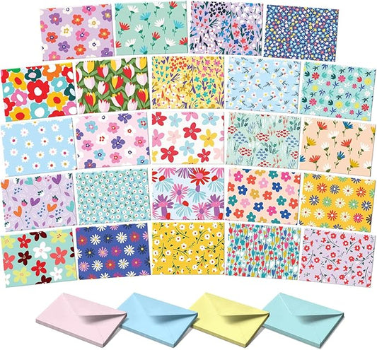 S&O Floral Note Cards and Envelopes Set of 24 - Blank sheets for Handwritten Messages - Floral All Occasion flyers Assortment Box with covers - Mix & Match Vibrant Notecards and decor Envelopes Set