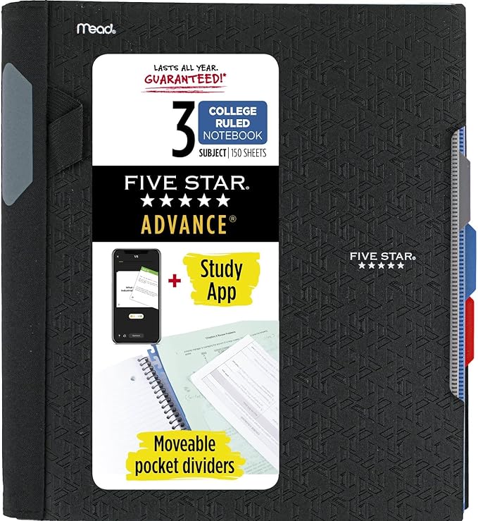 Five Star Advance Spiral Notebook + Study App, 3 Subject, College Ruled Paper, 11" x 8-1/2", 150 Sheets, With Spiral Guard and Movable Dividers, Black, 1 Count (73132)