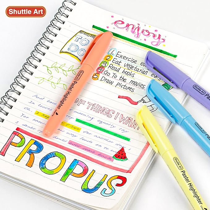 Shuttle Art Highlighters, 15 Colors Pastel Highlighter Pens Assorted Colors, Chisel Tip Dry-Quickly Non-Toxic Highlighter Markers for Adults Kids Highlighting in the Home School Office
