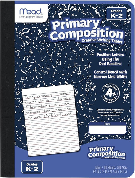 Mead Primary Composition Notebook, Wide Ruled Paper, Grades K-2 Writing Workbook, 9-3/4" x 7-1/2", 100 Sheets, Blue Marble (09902)