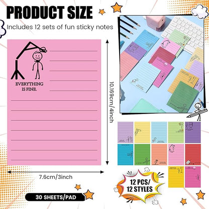 12 Pcs Funny Sticky Notes for Work 4x3 Inches Sarcastic Self Adhesive Notepads Novelty Memo Note Pads for Office Coworker Gifts Employee Appreciation Supplies(Stick Man)