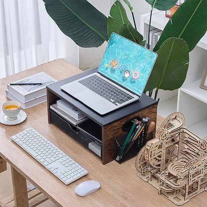 Printer Stand,Desktop Printer Stand with 2-Tier Storage Shelves for Home Office，Desk Organizer with Drawer and 2 Pen Holders for Fax Machine Scanner Files