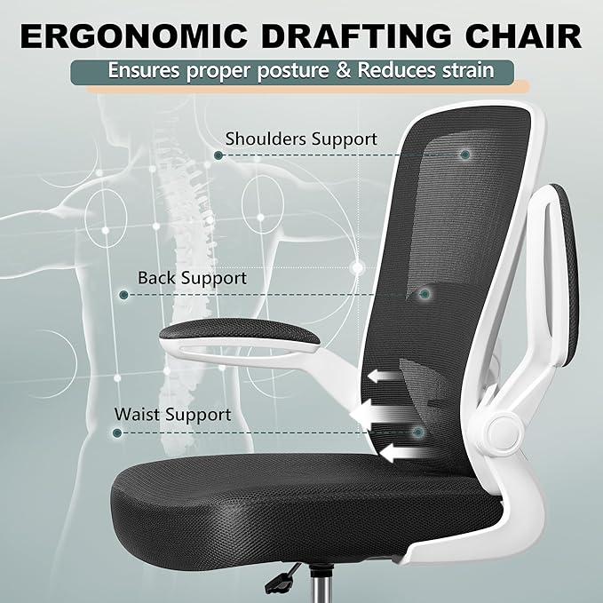FelixKing Drafting Chair Ergonomic Tall Office Chair, Breathable Mesh Chair with Adjustable Footrest Ring Lumbar Support Flip-up Armrests, High Back Executive Comfy Task Computer Chair for Home Office