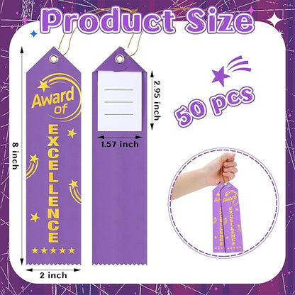 50 Pcs Award of Excellence Ribbons 8 x 2 Inches Purple Excellence Ribbons with Cards and Strings Achievement Prizes Bookmark Style Awards for Competitions Class Activities Office Team
