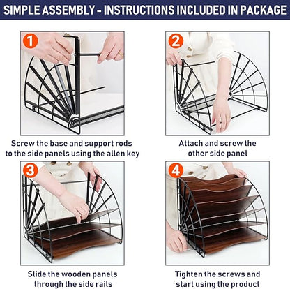 Dasher Products Fan-Shaped Office Desk Organizer, 6 Compartments with Wood-Patterned Shelves for Storing Paper, Bills, Letters, and Office Supplies. Multi-Functional Desk Organizers and Accessories