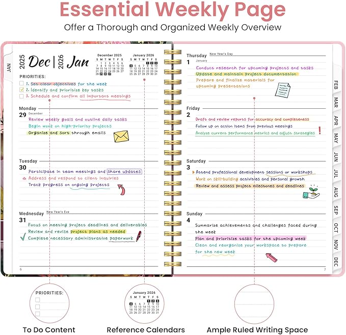 2026 Planner, Weekly and Monthly Planner for Women, January 2026 to December 2026, Pretty Hardcover 2026 Calendar Planner Book with Tabs, Inner Pocket, Spiral Bound, Perfect Office Home School Supplies - 6.3" x 8.5", Heartleaf Garden