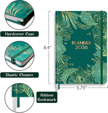 2026 Planner, 12 Month Weekly and Monthly Calendar 2026, Hardcover Daily Agenda Planners from Jan. to Dec, Habit Tracker Journal with Ribbon Bookmark 5.75" x 8.4"(Peacock Green)