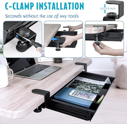 EHO Large Under Desk Slide Out Storage Drawer, Adjustable Sturdy C-Clamp Tray, 20x11.8 inch Pull Out Drawer, Smooth Sliding Rail Design for Keyboard Mouse Desk Extender Organizer for Home/Office Black