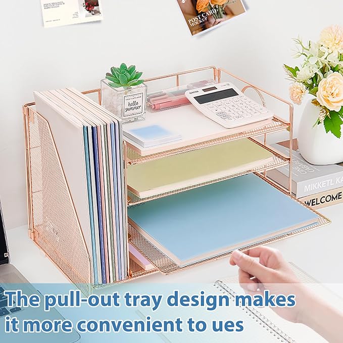 OPNCIE Desk Organizers and Accessories, 4 Tier Paper Letter Tray File Organizer, Office Organization Storage Desk Accessories Workspace Desktop Organizer for Classroom Office Supplies Decor, Rose Gold