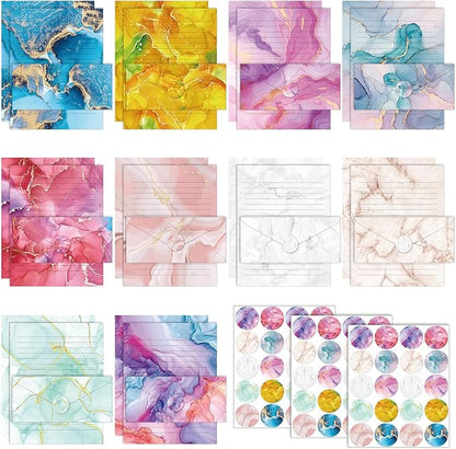 TaoBary 160 Packs Stationery Paper Set (50 Double Sided Stationery Writing Papers 50 Matching Envelopes) 60 Round Dot Sticker, 10 Design(Marble,8.5 x 11 Inch)
