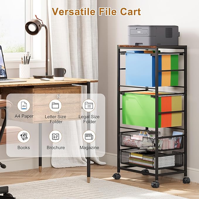 EasyPAG Rolling File Cart on Wheels with 2 Mobile Letter & Legal Size Hanging File Folder Rack and 2 Pull-Out Drawers for Home Office, Black