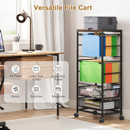 EasyPAG Rolling File Cart on Wheels with 2 Mobile Letter & Legal Size Hanging File Folder Rack and 2 Pull-Out Drawers for Home Office, Black