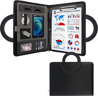 GraduatePro Portfolio Binder Leather Zippered Padfolio Folder Business Case Organizer Bag for Pad Notebook Resume for Women Men Graduation Gift, Black