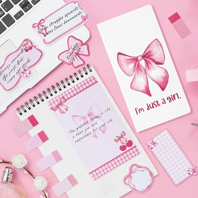 Coquette Pink Bow Sticky Notes Set - I’m Just A Girl Self-Stick Note Pads Bowknot Notepads Writing Memo Pad Page Marker Bookmarker Preppy Girly Stuff Back to School Office Supplies Gift