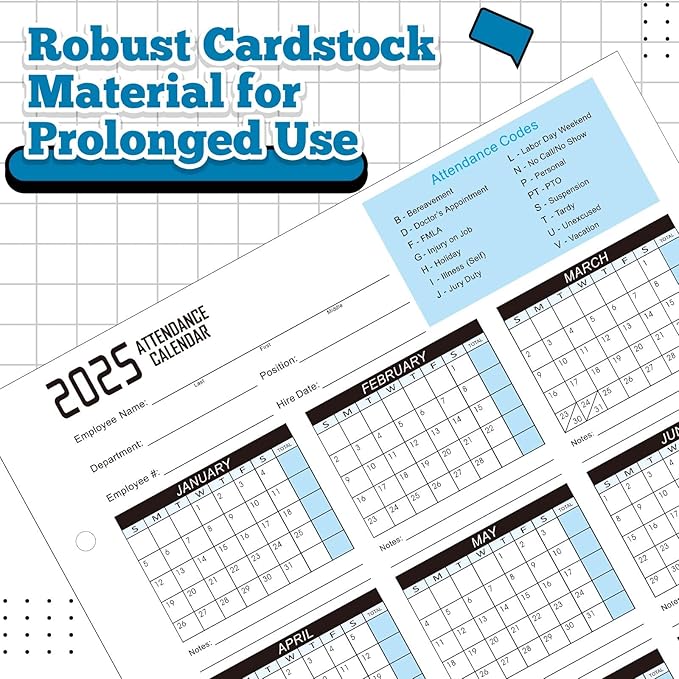 Gueevin 50 Sheets 2025 Attendance Calendar 8.5x11 Inch Attendance Calendar Cards Work Employee Tracker for 3 Hole Binder Folders Time Cards for Employee Office Manager Hr Record(Blue)