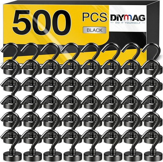 DIYMAG Magnetic Hooks, 30Lbs Strong Heavy Duty Cruise Magnet S-Hooks for Classroom, Fridge, Hanging, Cabins, Grill, Kitchen, Garage, Workplace and Office etc, (500Pack-Black),Screw in Hooks