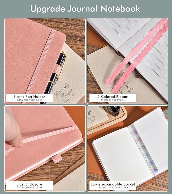 Lined Journal Notebook for Men Women, 200 Numbered Pages Leather Hardcover Journal with Pen, A5 Journaling Notebooks, Thick Paper College Ruled Journals for Writing Work Business 5.75'' X 8.38'' Pink