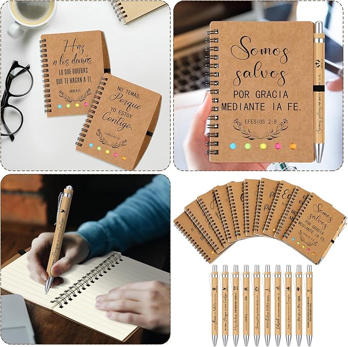 30 Set Spanish Christian Gifts Bulk Religious Notebooks with Bible Verse Pens,Inspirational Spiral Prayer Journal and Pen Set Church Gifts for Women Men Sunday Church Party (Kraft)