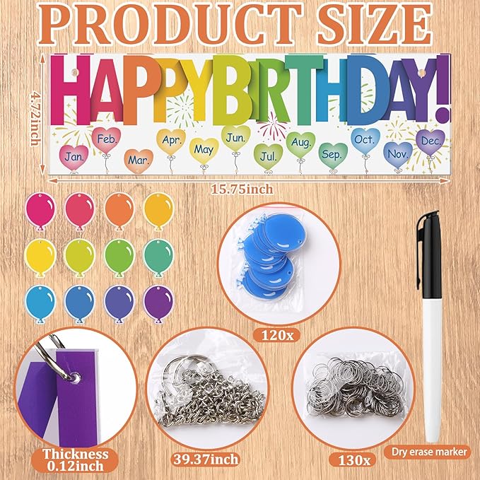 Eersida Birthday Calendar Wall Hanging Family Birthday Plaque with Tags Acrylic Birthday Reminder Calendar Board Classroom Birthday Reminder 120 Tags Christmas Party Gifts Home Decor(Classic Color)