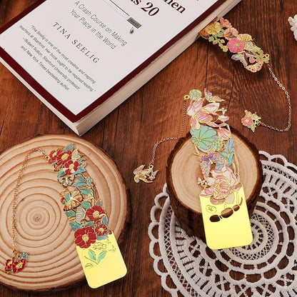 3 PCS Metal Bookmarks, Bookmarks for Reading Women, Pretty Bookmarks for Women, Beautiful Metal Bookmark, Beautiful Flower Bookmark, Lotus, Hollyhock, Camellia (BKM-050-002)