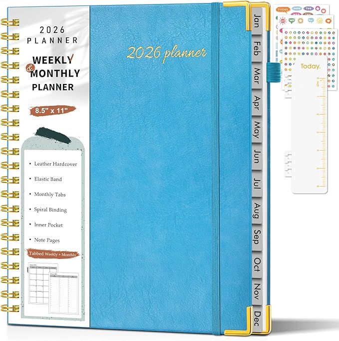 2026 Planner, Weekly and Monthly Calendar Planner from January 2026 - December 2026, 8.5" x 11" Hardcover Leather Hourly Appointment Book with Tabs, Spiral Daily Planners for College School Work Home, Sky Blue