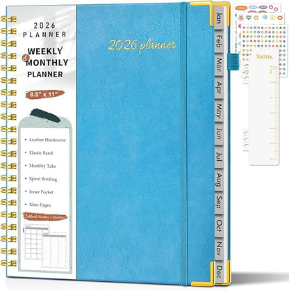 2026 Planner, Weekly and Monthly Calendar Planner from January 2026 - December 2026, 8.5" x 11" Hardcover Leather Hourly Appointment Book with Tabs, Spiral Daily Planners for College School Work Home, Sky Blue