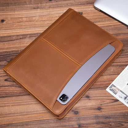 Handmade Crazy-Horse Leather Padfolio Portfolio, Easy to Carry with A Zippered Closure, Business Organizer Tablet Folio Folder with Letter Size Notepad, Gift for Women & Men (Brown, Upgraded version)
