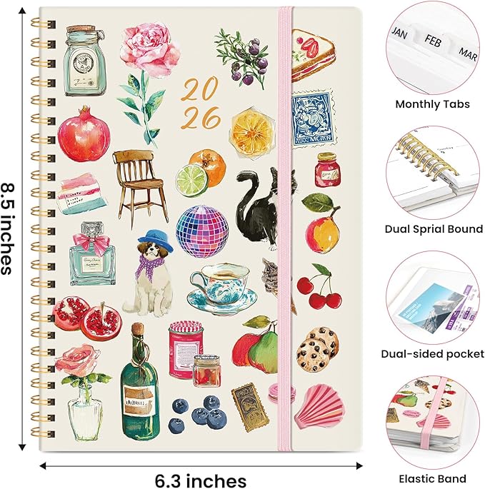 2026 Planner, Weekly and Monthly Planner for Women, January 2026 to December 2026, Pretty Hardcover 2026 Calendar Planner Book with Tabs, Inner Pocket, Spiral Bound, Perfect Office Home School Supplies - 6.3" x 8.5", Whimsical Bits